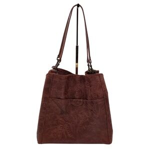 American Leather Co Austin Triple Entry Embossed Floral Leather Bucket Bag Brown